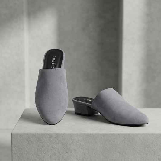 Women’s Grey Pointed Toe Mule Heels – Slip-On Block Heel Slides