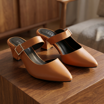 Women's Brown Leather Mary Jane Heels — Round Toe Buckle Strap Dress Shoes