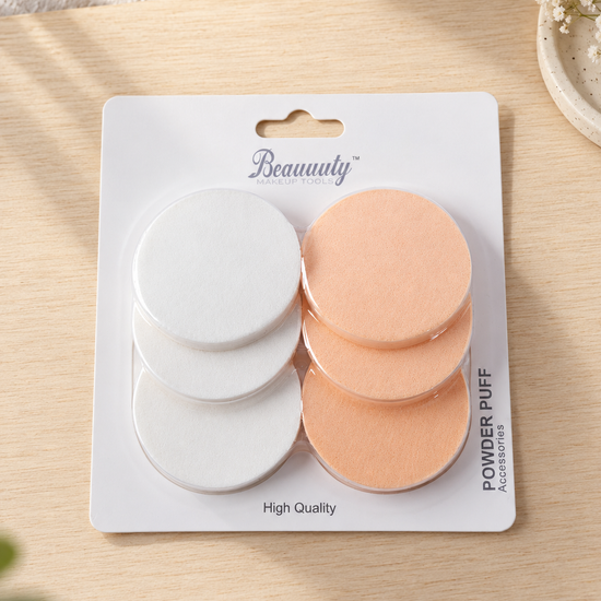 Beauuuty pack of 6 round cosmetic powder puffs in white and peach