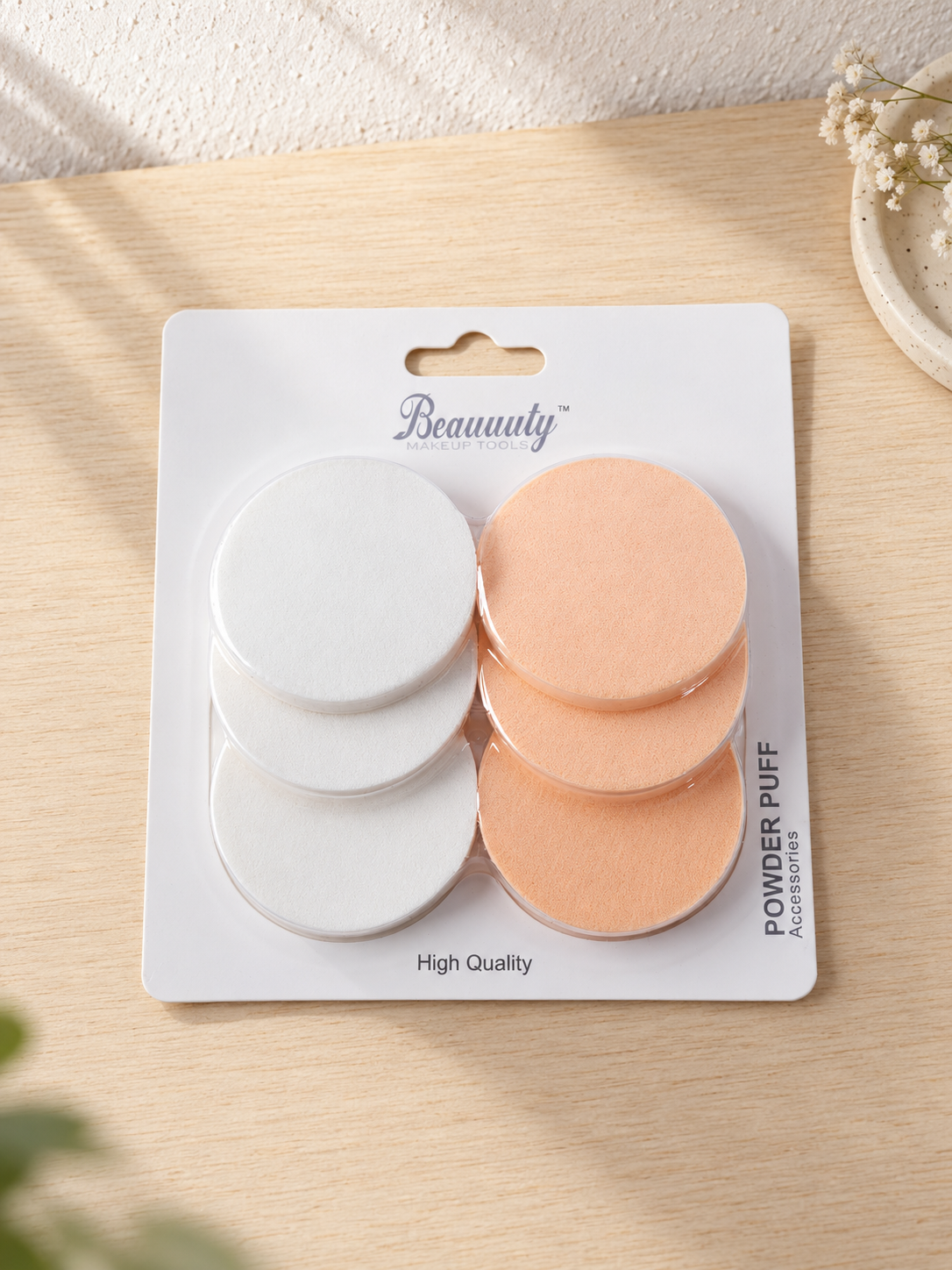 Beauuuty pack of 6 round cosmetic powder puffs in white and peach