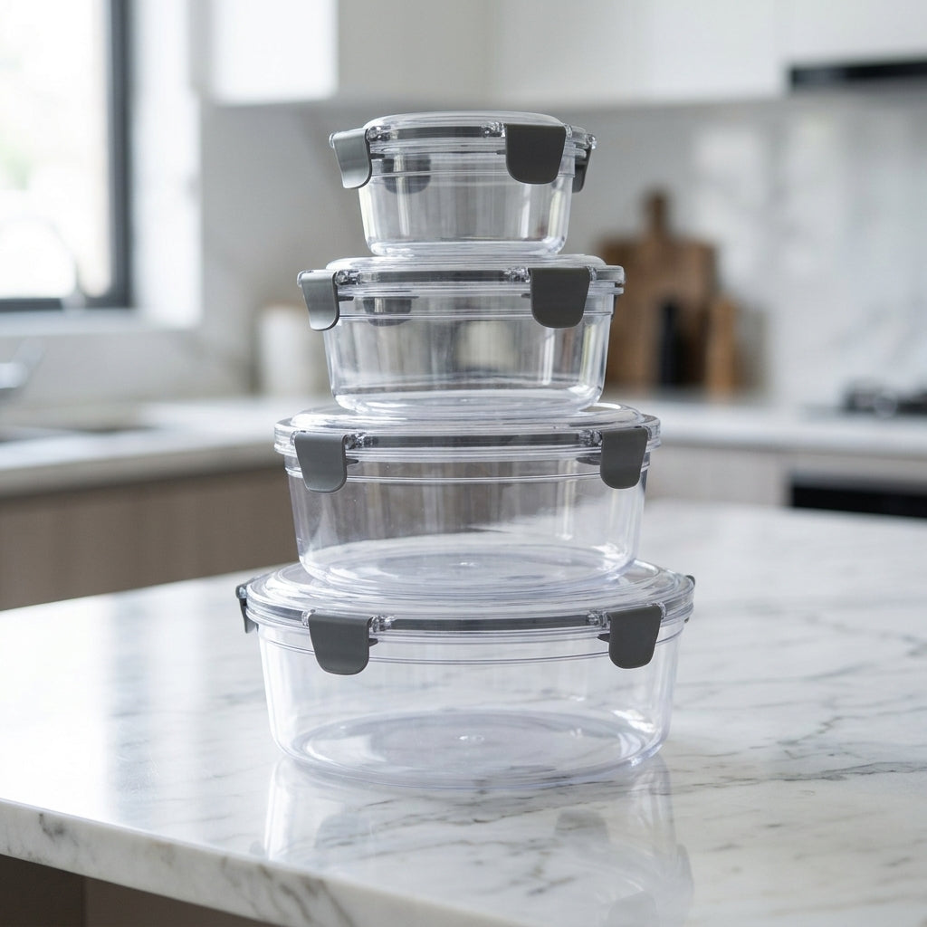 Clear food storage containers with dark snap-lock lids