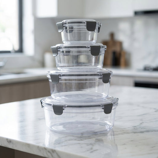 Clear food storage containers with dark snap-lock lids