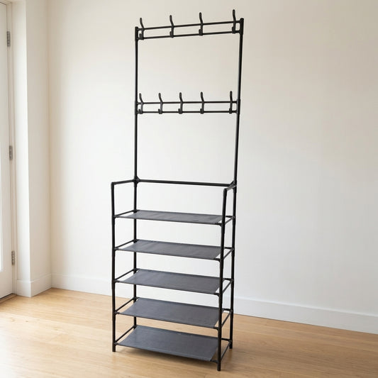 Tall black metal shoe rack with shelves and top hooks
