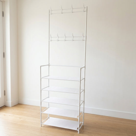 White five-tier shoe rack with eight coat hooks