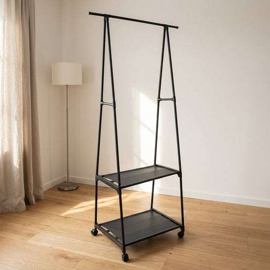 Freestanding clothes rack with hanging rail and lower shelf