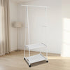White freestanding clothes rack with hanging rail and lower shelf