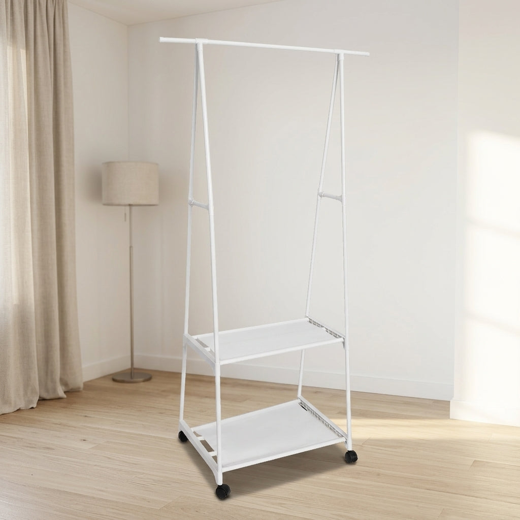 White freestanding clothes rack with hanging rail and lower shelf
