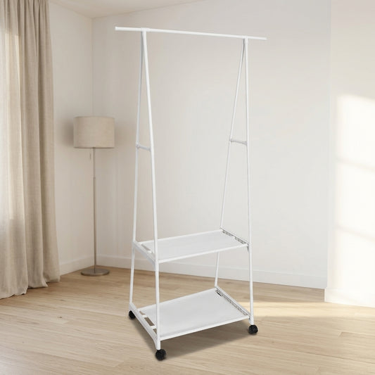 White freestanding clothes rack with hanging rail and lower shelf