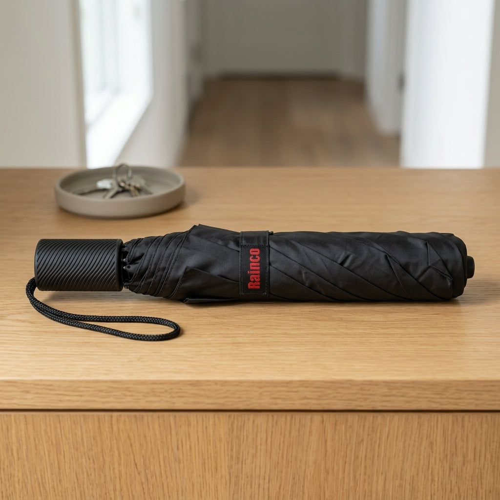 Compact double-fold travel umbrella for rainy weather