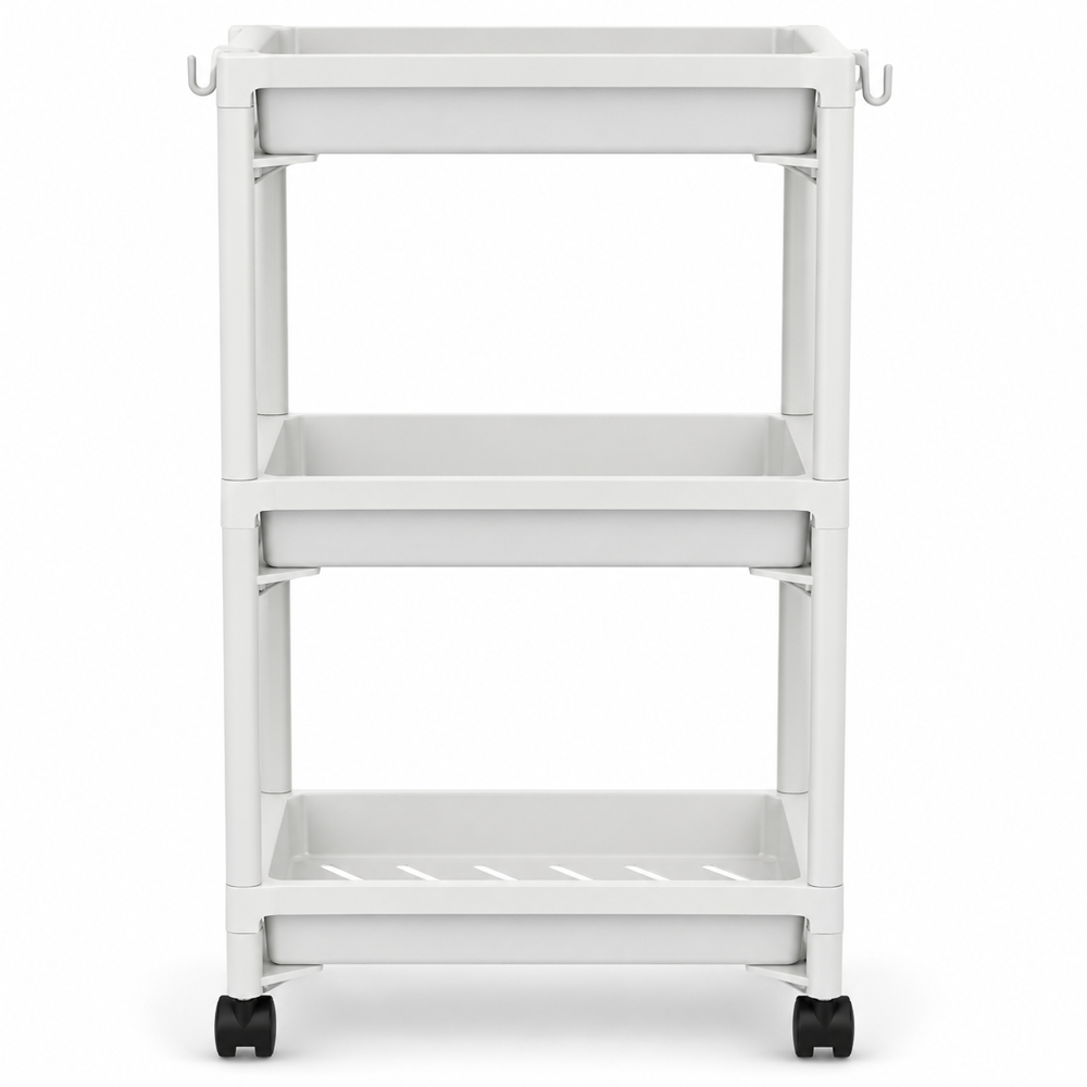 White slim three-tier rolling storage trolley with wheels