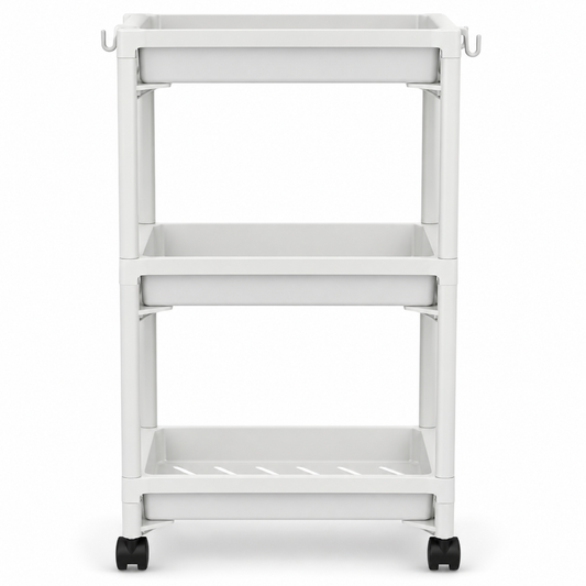 White slim three-tier rolling storage trolley with wheels