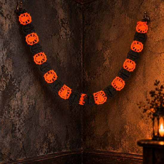 Halloween paper accordion garland banner in orange and black spider design