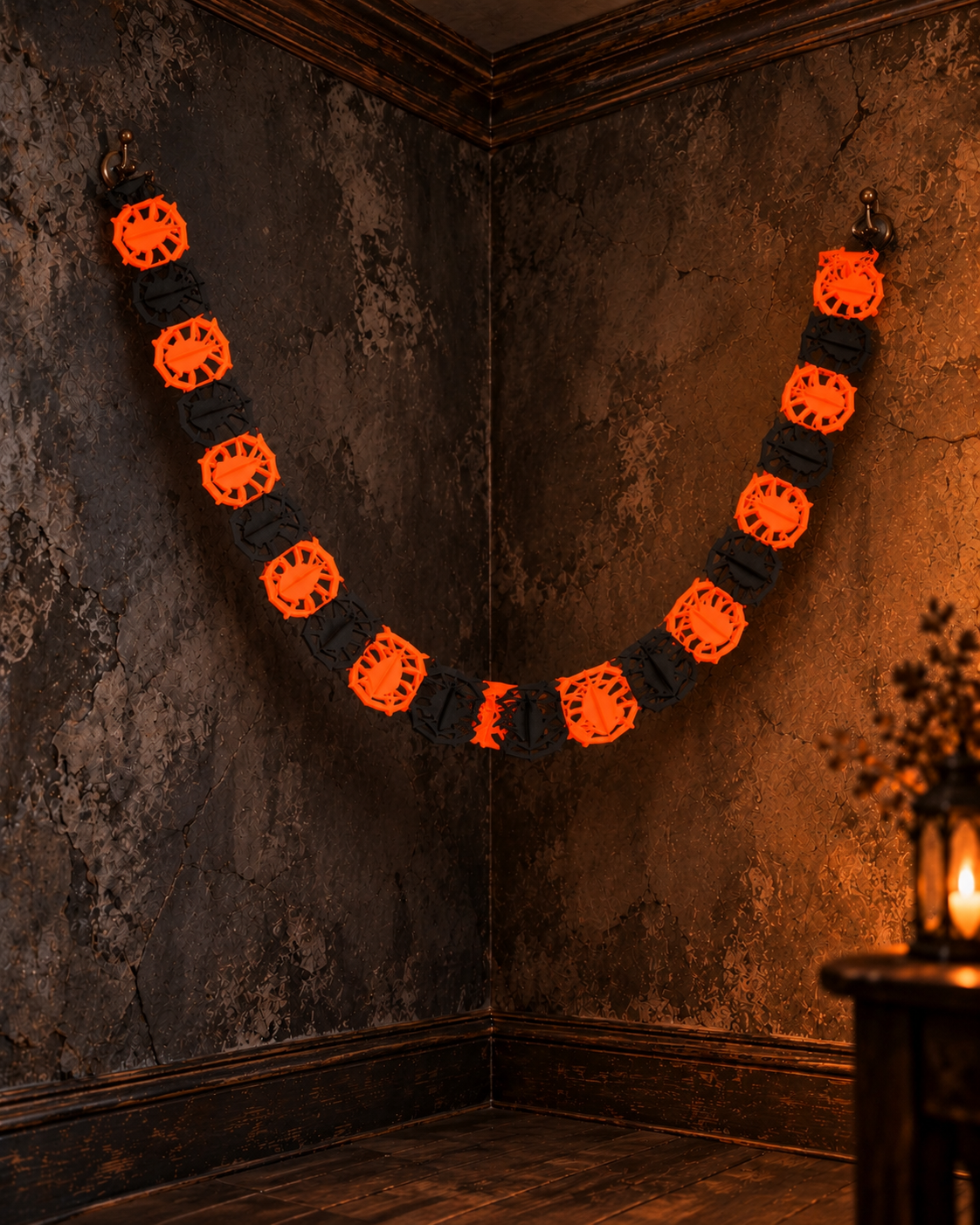 Halloween paper accordion garland banner in orange and black spider design