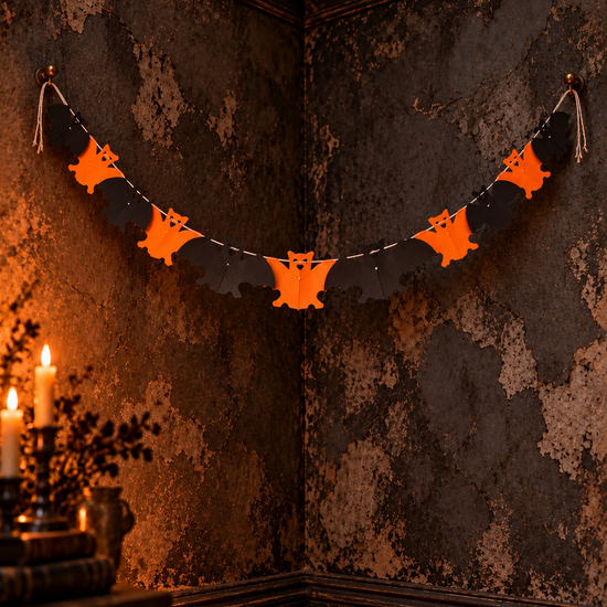 Halloween black and orange bat folding paper accordion garland banner
