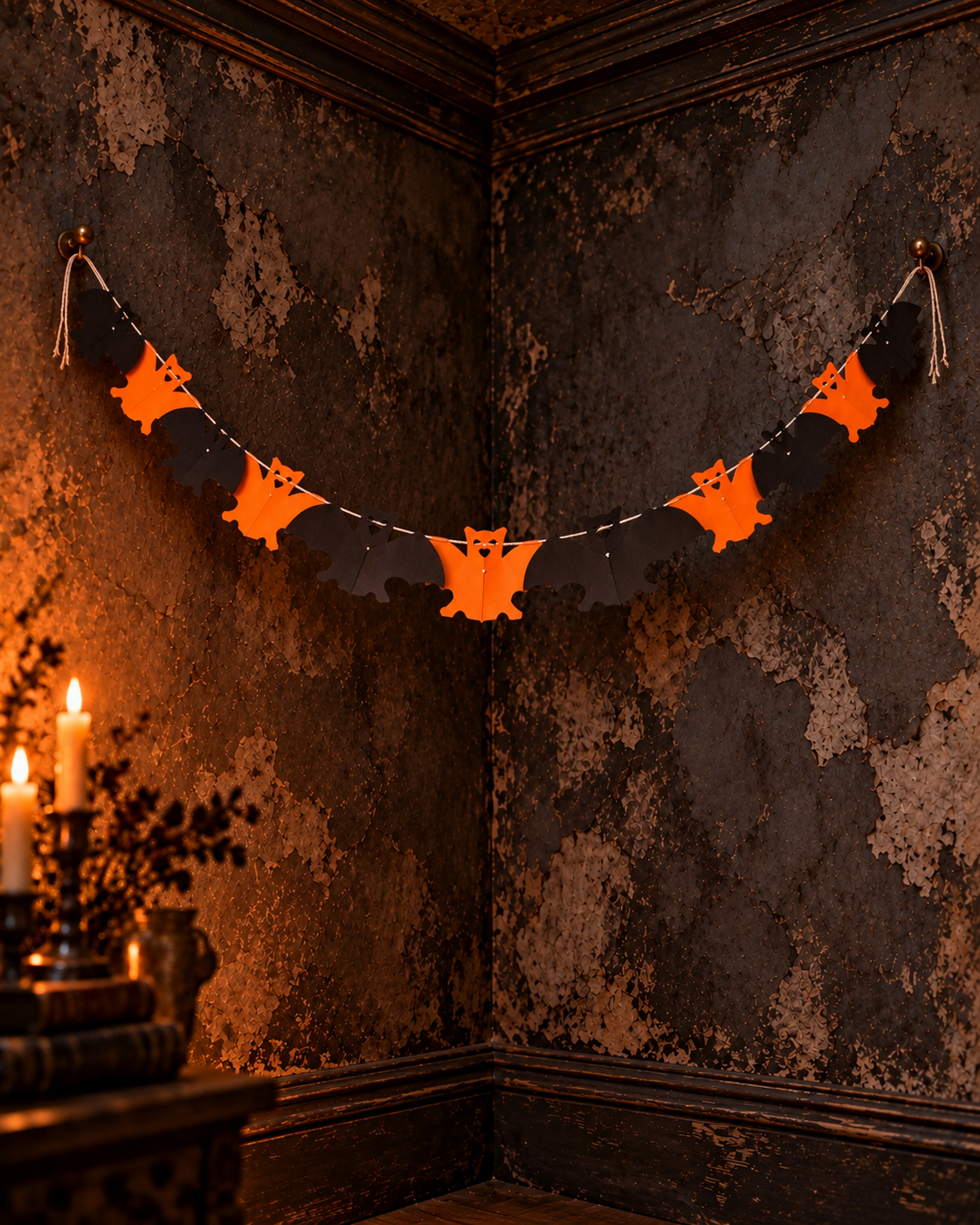 Halloween black and orange bat folding paper accordion garland banner
