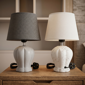 Fabric Shade Table Lamp — Minimalist Bedside & Desk Lamp in Gray & White