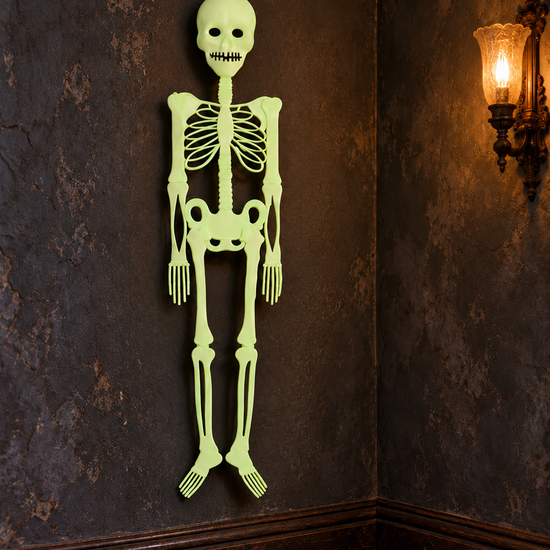Glow in the dark hanging skeleton Halloween prop with articulated limbs