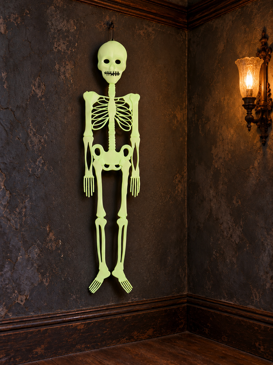 Glow in the dark hanging skeleton Halloween prop with articulated limbs
