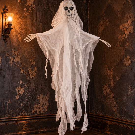 Lighted hanging ghost Halloween prop with glowing skull face and white tattered gauze shroud
