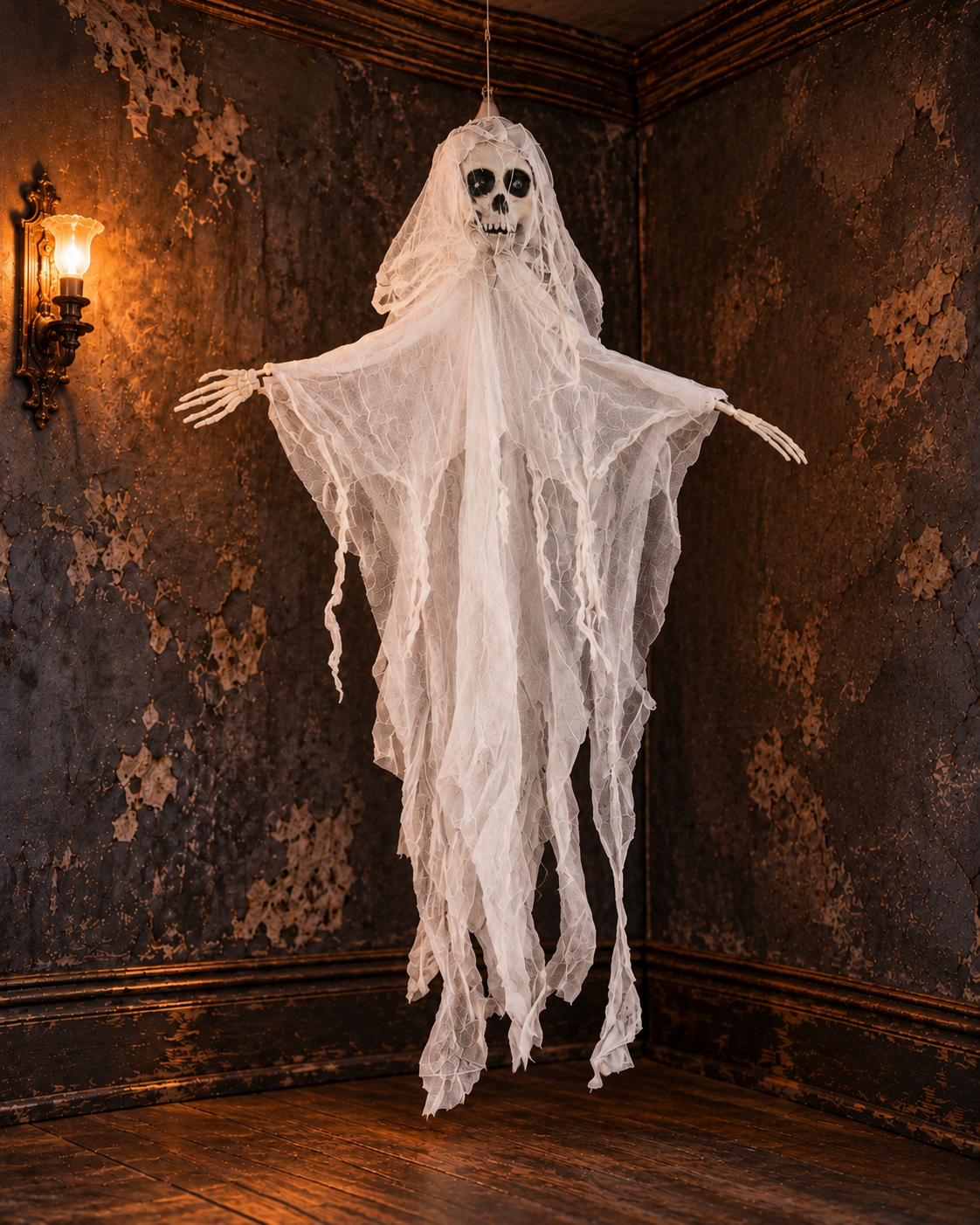 Lighted hanging ghost Halloween prop with glowing skull face and white tattered gauze shroud