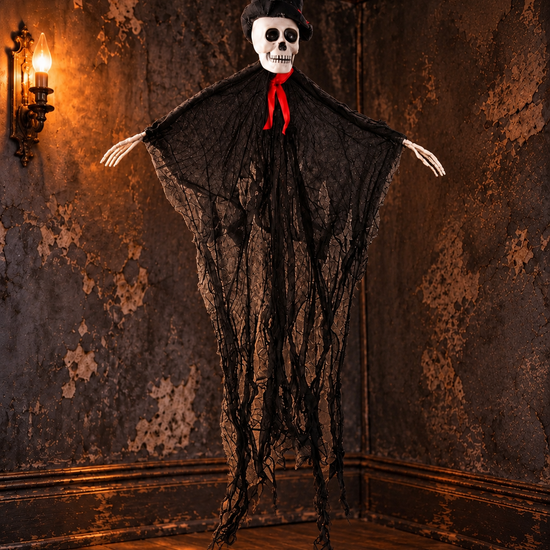 Hanging skeleton reaper Halloween prop wearing a black hat, red bow tie, and shredded black shroud