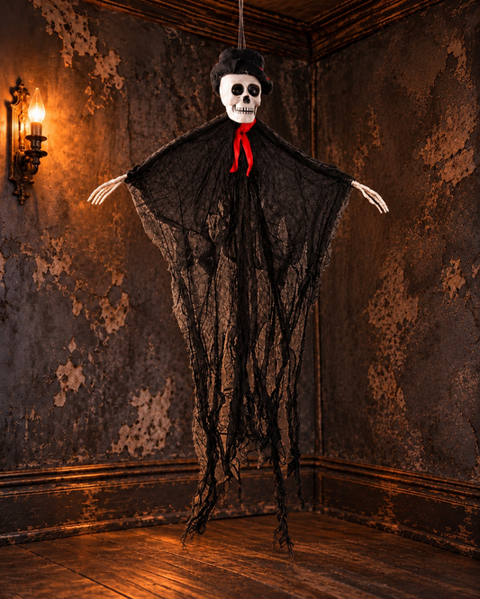 Hanging skeleton reaper Halloween prop wearing a black hat, red bow tie, and shredded black shroud