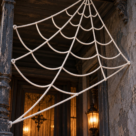 Giant triangular white rope spider web Halloween outdoor decoration mounted on porch