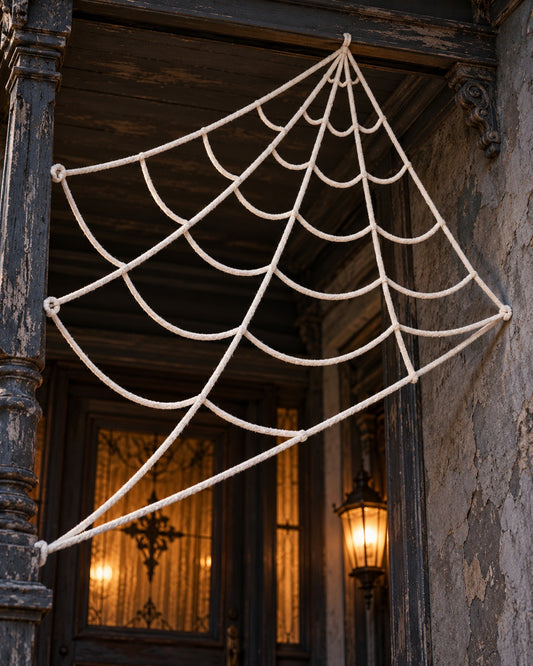 Giant triangular white rope spider web Halloween outdoor decoration mounted on porch