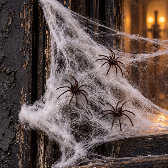 Stretchable white cobweb Halloween decoration with black plastic spiders on a distressed window frame