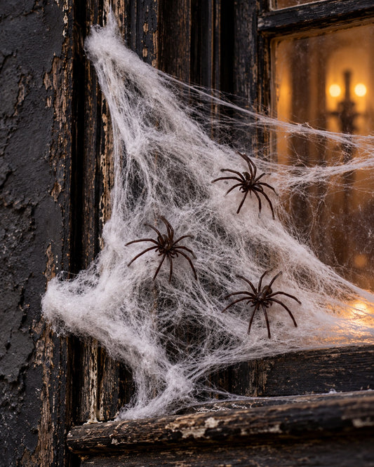Stretchable white cobweb Halloween decoration with black plastic spiders on a distressed window frame