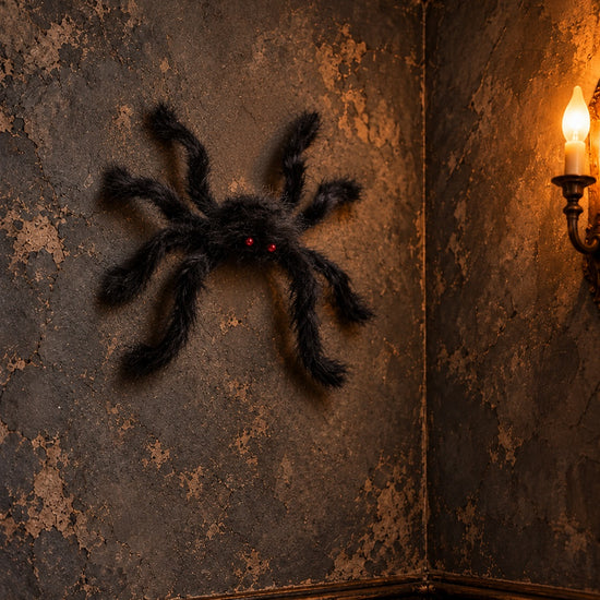 Giant poseable hairy black spider Halloween prop with glowing red eyes mounted on a wall