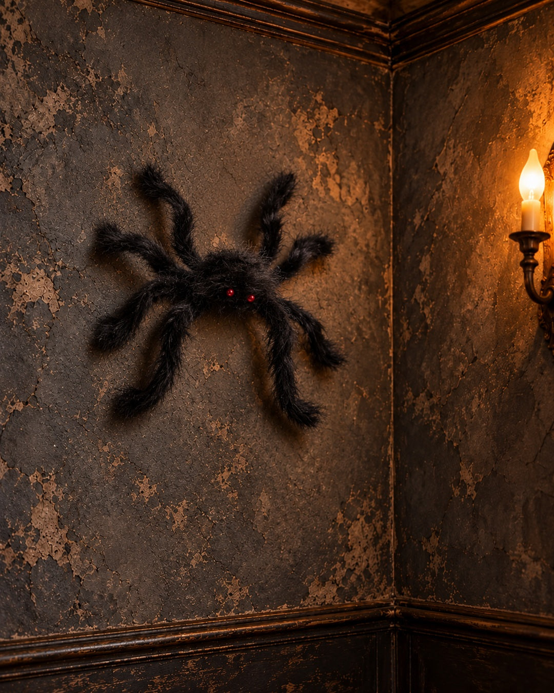 Giant poseable hairy black spider Halloween prop with glowing red eyes mounted on a wall