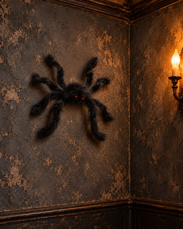 Giant poseable hairy black spider Halloween prop with glowing red eyes mounted on a wall