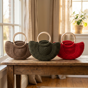 Round Crochet Handbag with Wooden Ring Handles