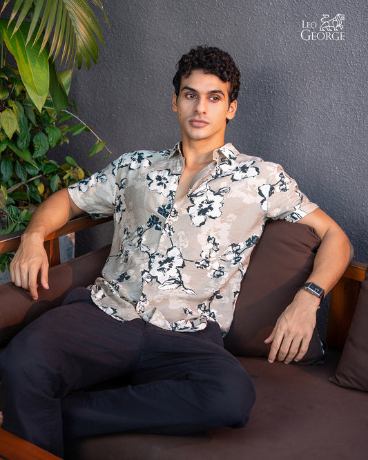 Leo George men's floral short sleeve shirt 052873 - Beige