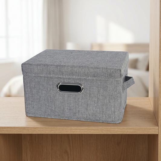 Gray Fabric Storage Box with Flip-Top Lid & Handles