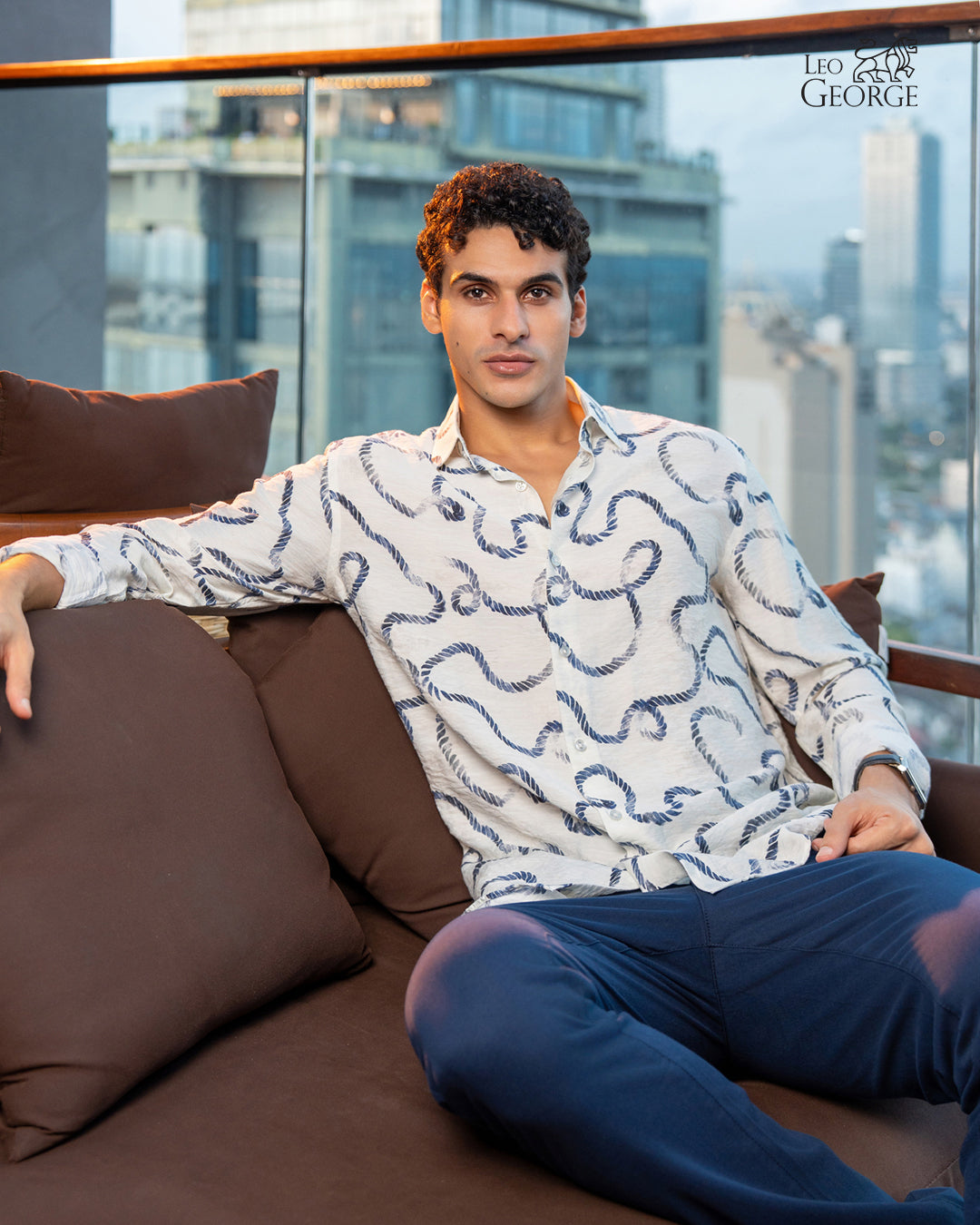 Leo George men's printed long sleeve shirt 052877 - Blue