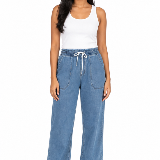 Women's light blue drawstring wide-leg jeans front view