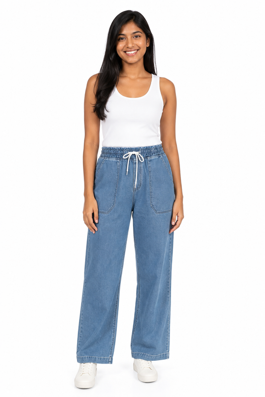 Women's light blue drawstring wide-leg jeans front view