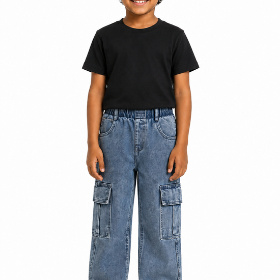Boys' light blue cargo jeans front view