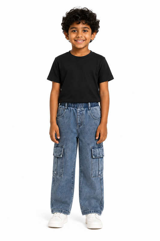 Boys' light blue cargo jeans front view