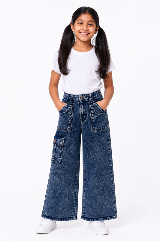 Girls' blue cargo wide-leg jeans front view