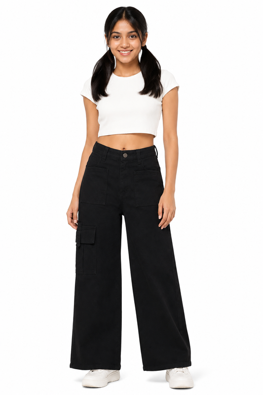 Girls' black cargo wide-leg jeans front view