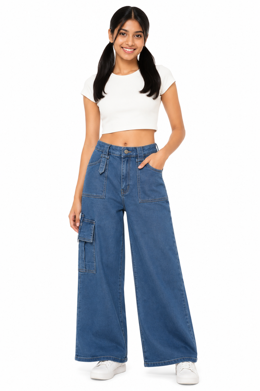 Girls' light blue cargo wide-leg jeans front view