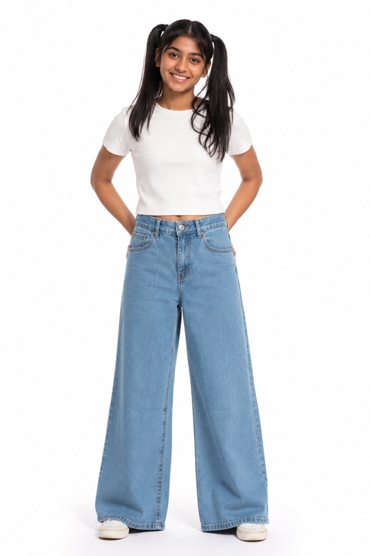 Girls' blue wide-leg jeans front view