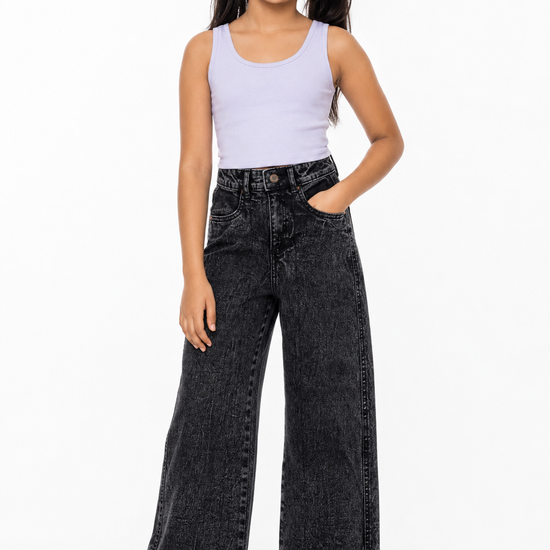 Girls' black wide-leg jeans front view