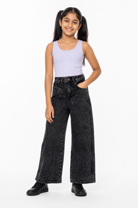 Girls' black wide-leg jeans front view