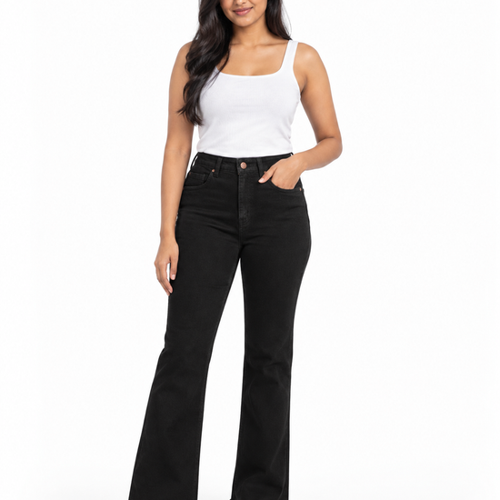 Women's Jet Black High-Waisted Flare Bootcut Jeans - Full Length Standing View