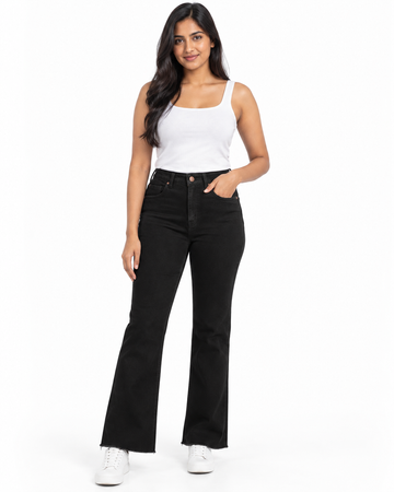 Women's Jet Black High-Waisted Flare Bootcut Jeans - Full Length Standing View