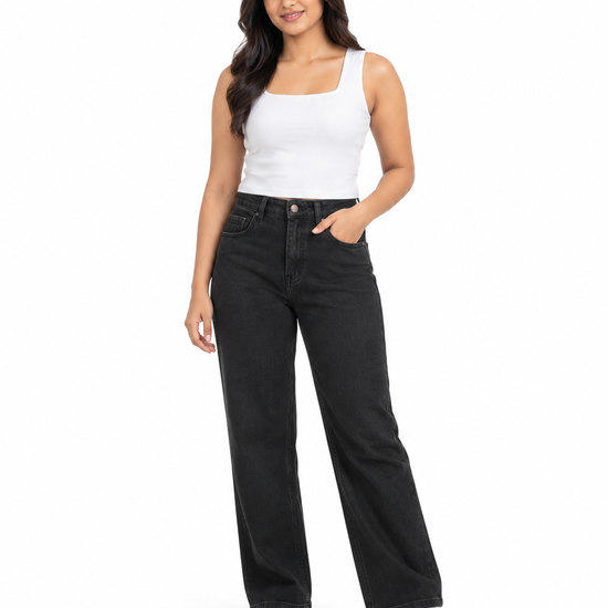 Women's Washed Charcoal High-Rise Straight Wide-Leg Jeans - Full Length Standing View